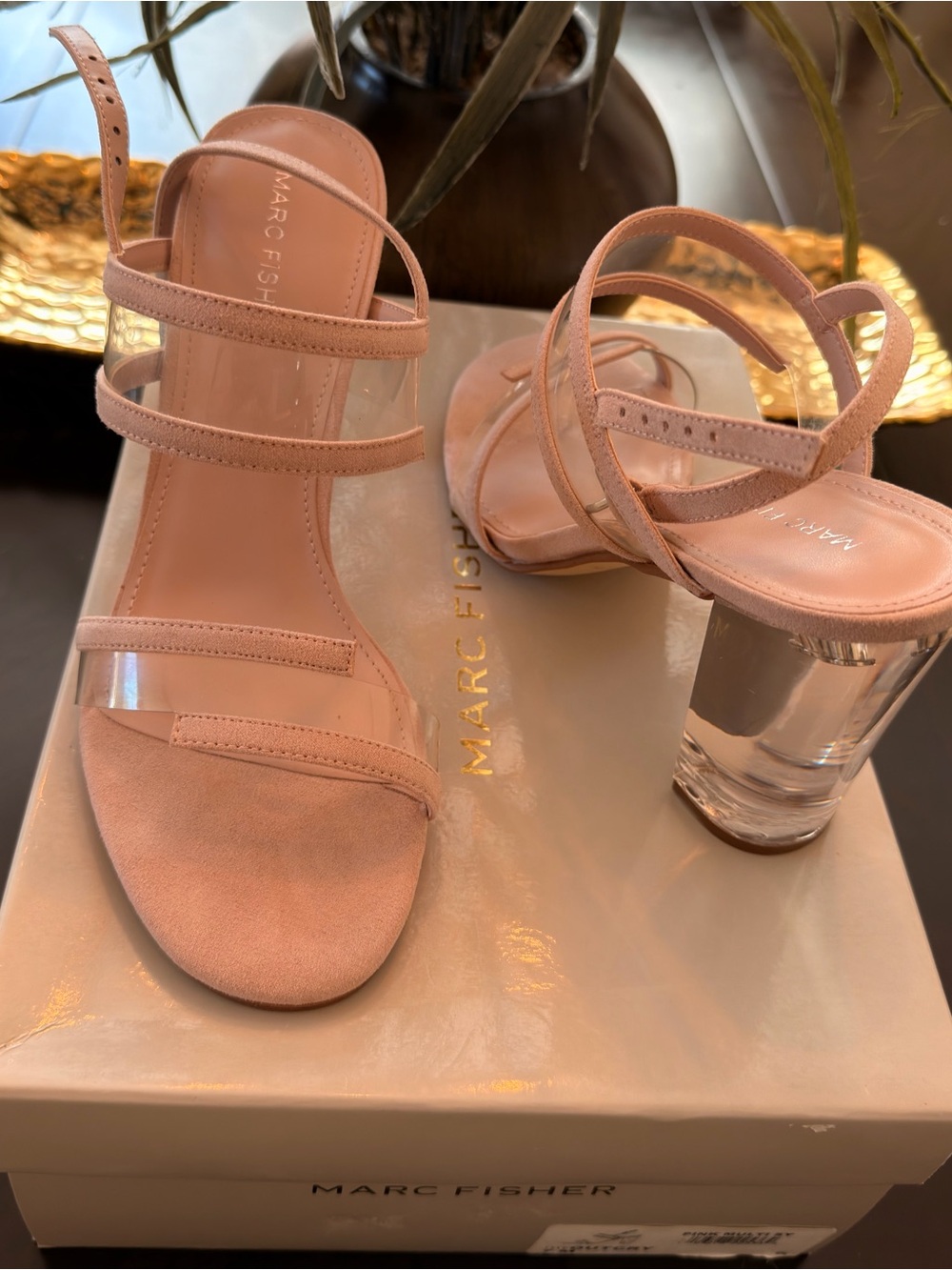 Marc Fisher Pink Suede & Clear Strap Block Heel Sandals - Picture 5 of 8